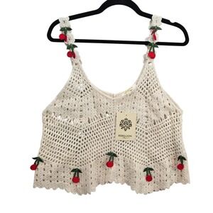 Rebellion Again Cream Crochet 3D Cherry Tank‎ Top Coquette Babydoll NEW sz Lg